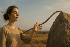 Mujer soltando una cuerda que la ata a una roca, como metáfora hipnótica de liberación emocional.