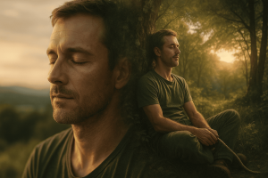 Hombre con los ojos cerrados sentado en un bosque al atardecer, mientras su rostro se funde con una escena imaginada, simbolizando cómo la mente inconsciente vive la metáfora hipnótica  como si fuera real.