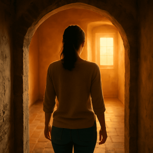 Mujer vista de espaldas entrando en una sala cálida iluminada por la luz dorada del sol a través de una ventana, metáfora hipnótica que simboliza un acceso interior sereno y revelador.