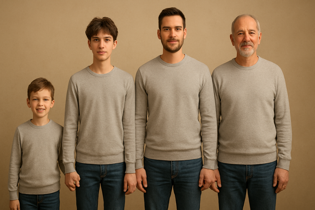 Cuatro hombres de diferentes edades, de la mano y vestidos igual, representando el paso del tiempo y el duelo por el envejecimiento masculino.
