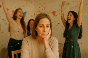 Mujer madura sentada con expresión melancólica mientras jóvenes a su alrededor celebran y tiran confeti, simbolizando el duelo por el envejecimiento y el sentimiento de exclusión.