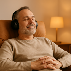 ombre maduro tumbado en un sillón con expresión de paz y satisfacción, usando auriculares, simbolizando una sesión de hipnosis para el duelo por envejecimiento en un entorno cálido y tranquilo.