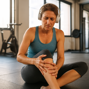 Mujer en el gimnasio con gesto de dolor al tocarse la rodilla, simbolizando los desafíos físicos del envejecimiento y la frustración ante las limitaciones del cuerpo.