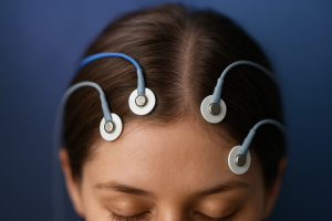 Mujer con electrodos EEG registrando ondas cerebrales durante una sesión de hipnosis