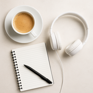 Prácticas de hipnosis en casa: auriculares, cuaderno y planta sobre escritorio en ambiente sereno