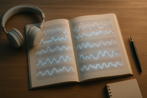 Música mental: partitura abierta con ondas cerebrales e hipnosis (EEG) y auriculares sobre madera