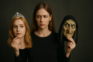 Mujer dudando entre una máscara de princesa y otra de bruja