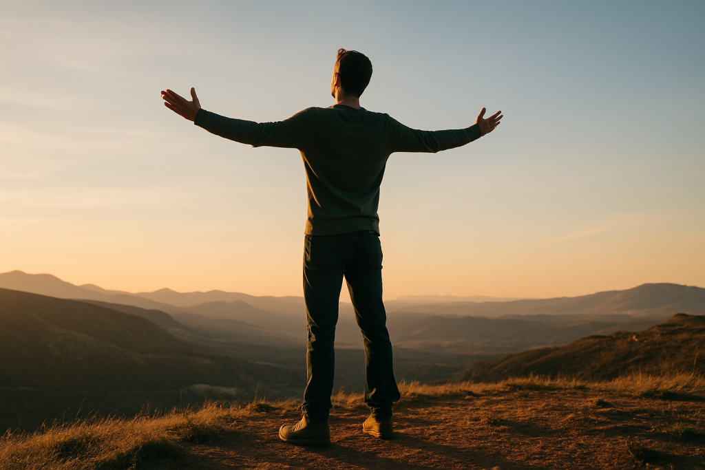 Persona disfrutando de la libertad en un paisaje al atardecer