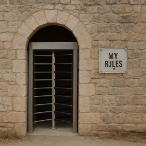 Puerta en una muralla de piedra con un torno giratorio