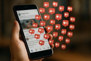 Notificaciones de likes y corazones en redes sociales representando la necesidad de aceptación social