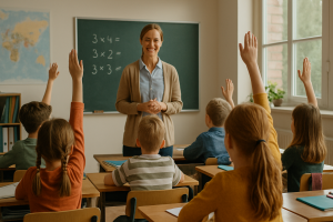 Niños en sus pupitres levantando la mano en clase, con la profesora al frente, ilustrando la necesidad de aceptación social en la infancia