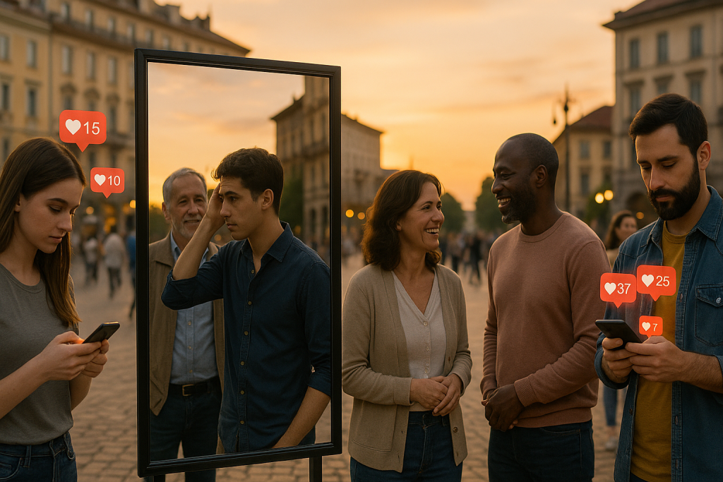 Escena panorámica al atardecer en una plaza, con personas diversas mirando sus móviles con likes flotando, otras frente a un espejo y otras sonriendo entre sí